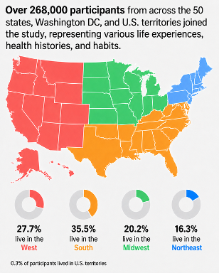 Map of the US divided by region that shows that the highest percentage of participants in the AHS come from the south and the lowest percentage live in the Northeast. 