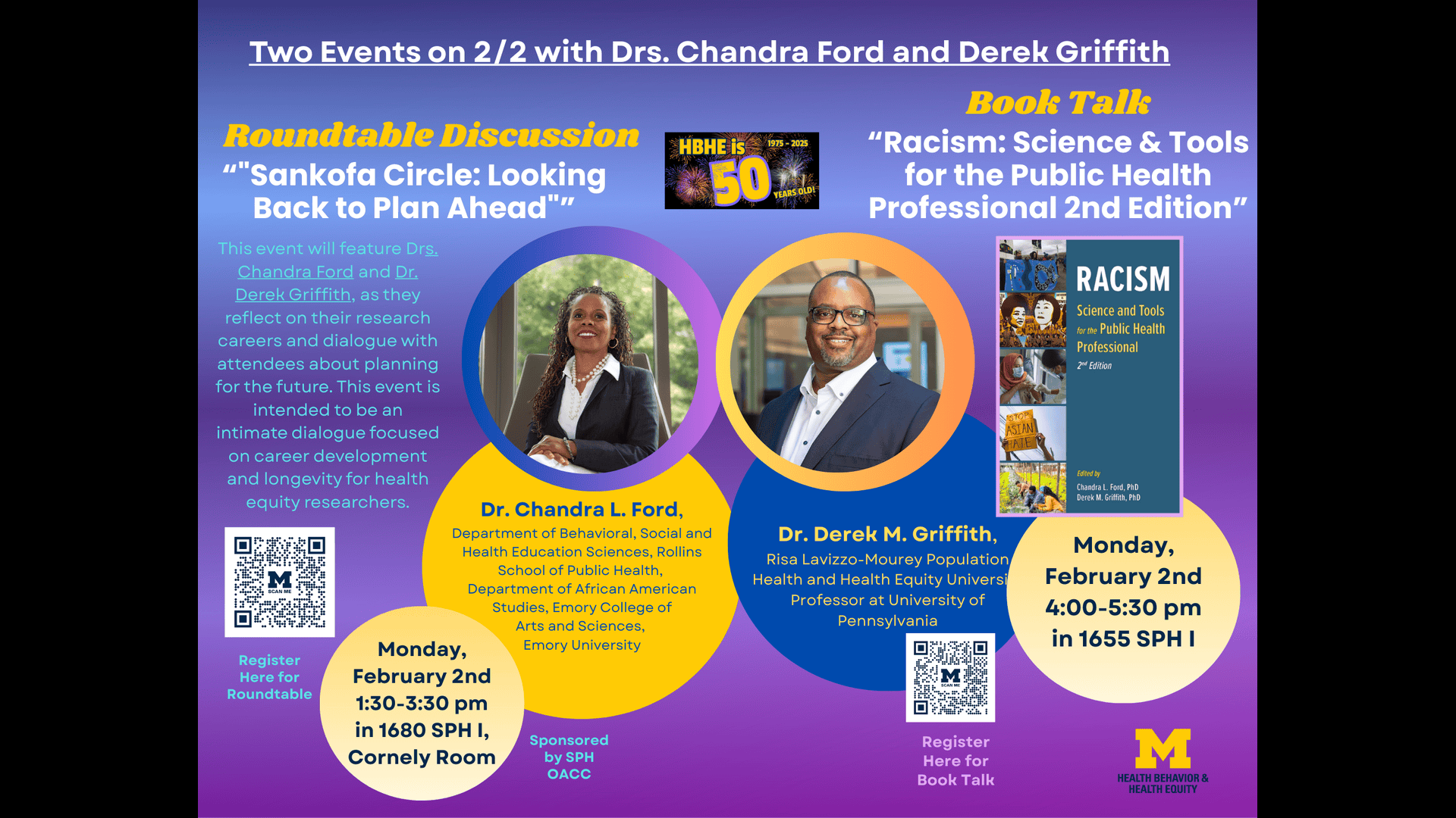 Event Flyer for Roundtable with Drs. Chandra Ford and Derek Griffith: Sankofa Circle: Looking Back to Plan Ahead