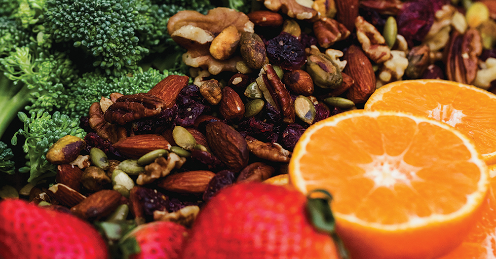 Broccoli, Strawberries, trail mix and oranges, University of Michigan School of Public Health