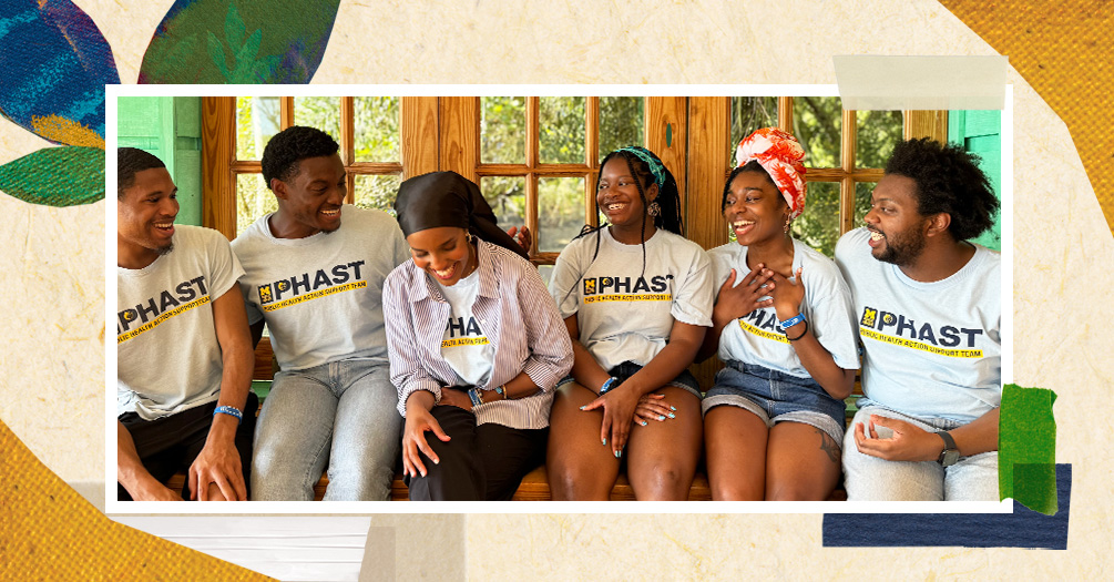 Five members of PHAST in PHAST T-SHIRTS share a laugh