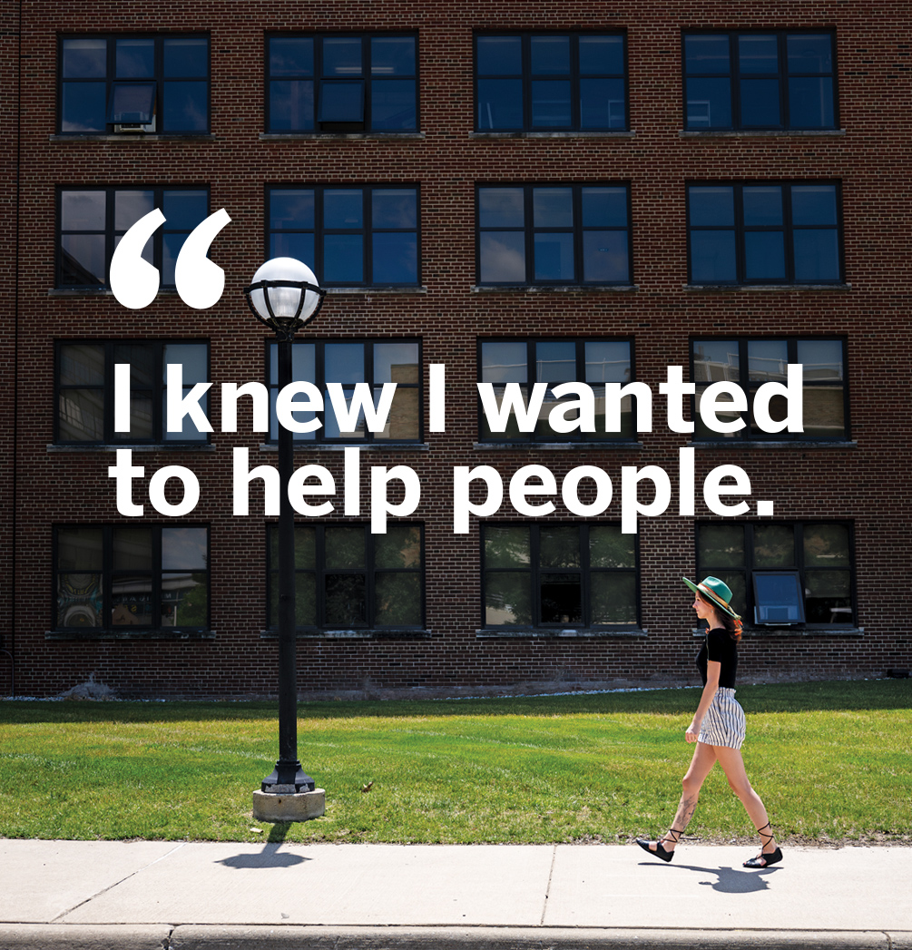 London Kozlowski walks from the School of Public Health to Michigan Medicine with the quote "I knew I wanted to help people" in white on the photo.