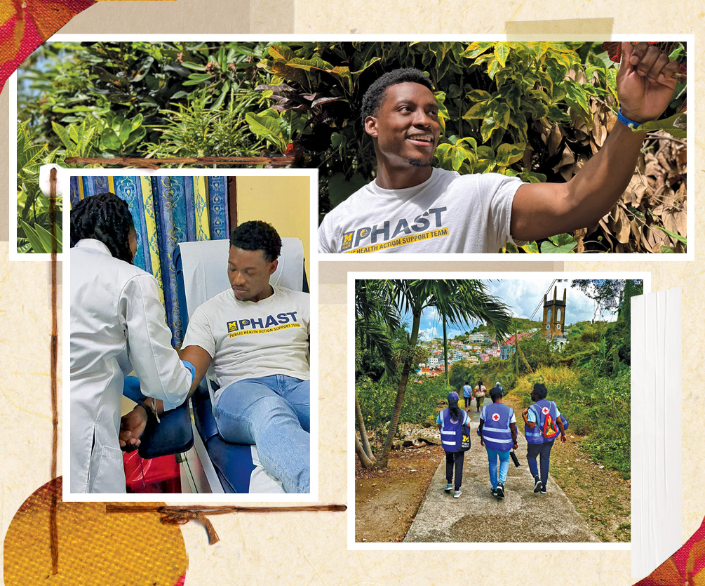 Darius Moore, top, pictured in front of foliage in Grenada; middle, Moore donates blood; bottom, Moore, flanked by two PHAST members, walk while wearing blue Grenada Red Cross Society vests.