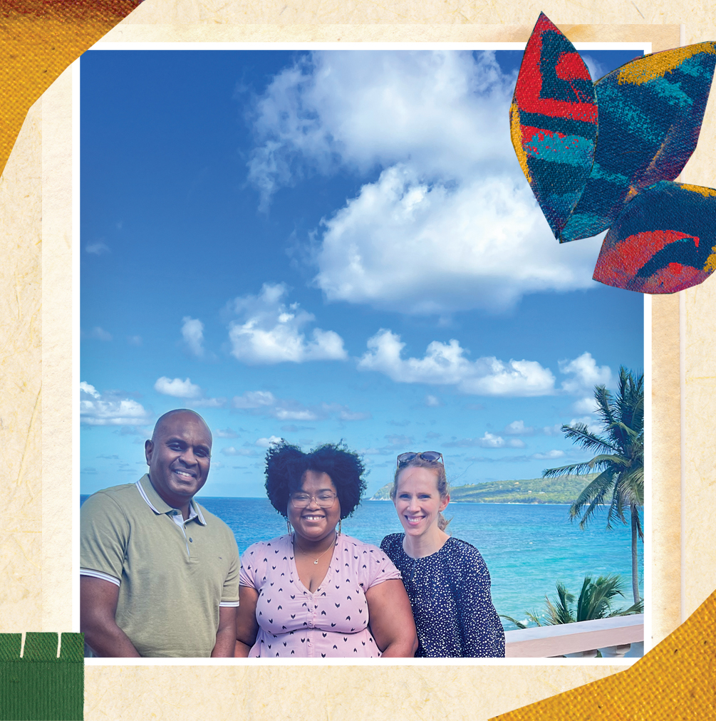 From left to right, Rohan Jeremiah, Sadé (Richardson) Mulkey and Laura Power in front of a Grenadian beach