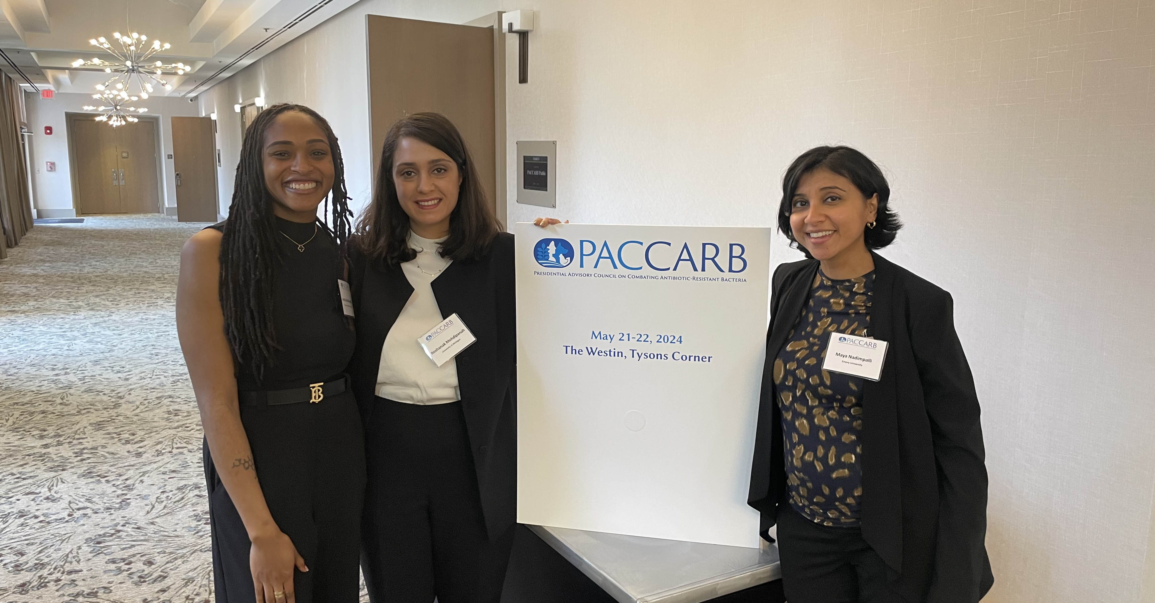  Jacinda Abdul-Mutakabbir, University of California San Diego; Roshanak Mehdipanah, University of Michigan School of Public Health; and Maya Nadimpalli, Emory University post for a photo together at the PACCARB meeting in Washington, D.C. on May 22, 2024.