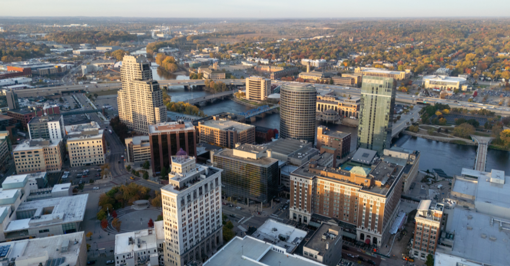 A bird's eye view of Grand Rapids, Michigan.