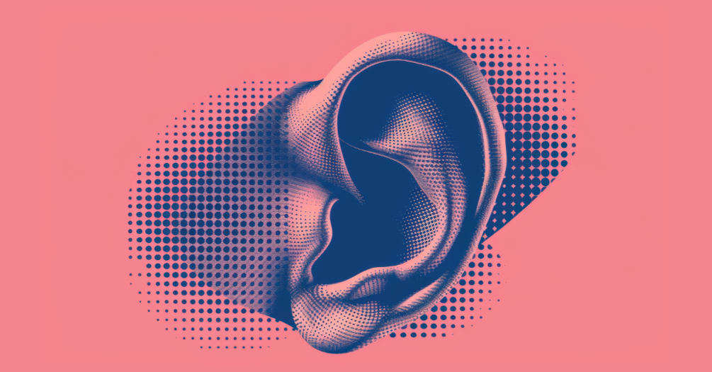 A halftone pink and navy graphic illustration of an ear. 