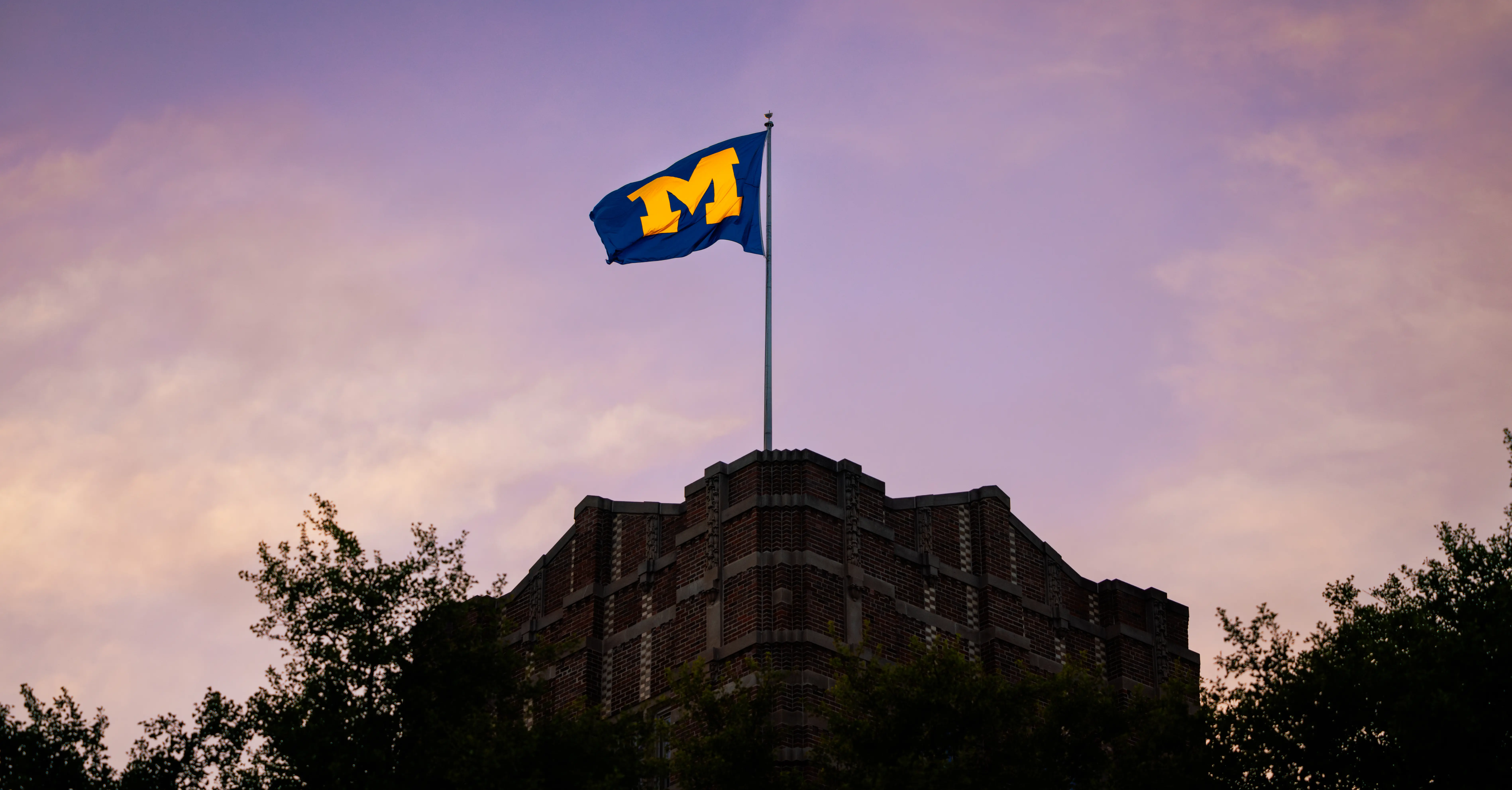 University of Michigan flag blowing in the wind at golden hour.