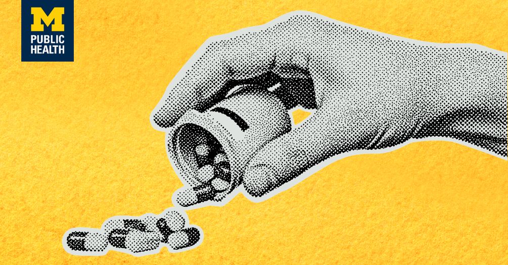 Stylized hand pouring pills out of a bottle.