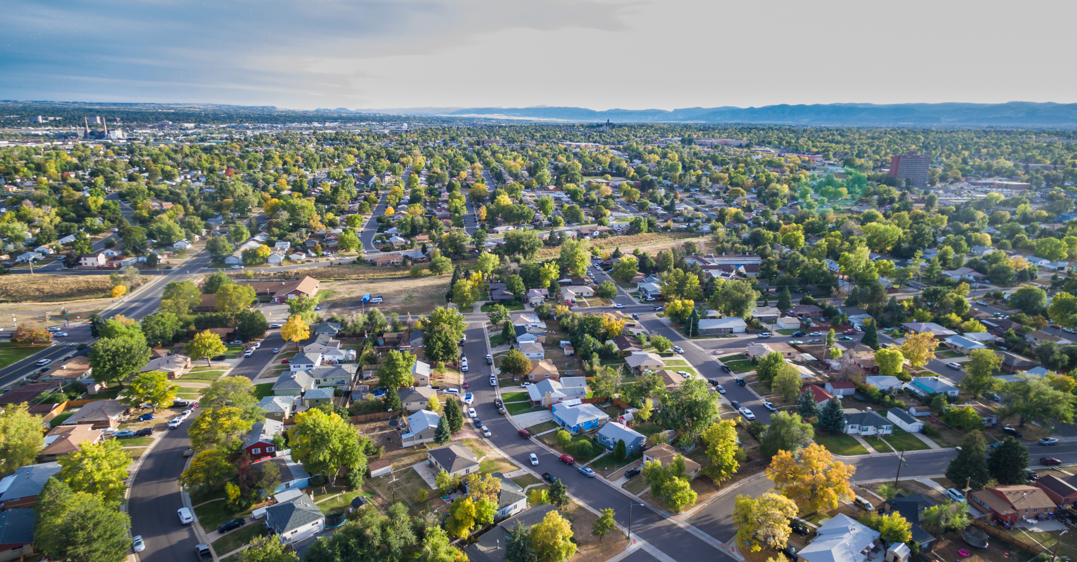 An aerial view of a suburban neighborhood.