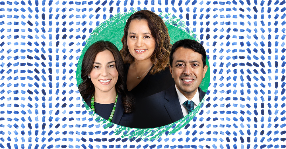 The three panelists posing together, framed within an oval on a blue patterned background.