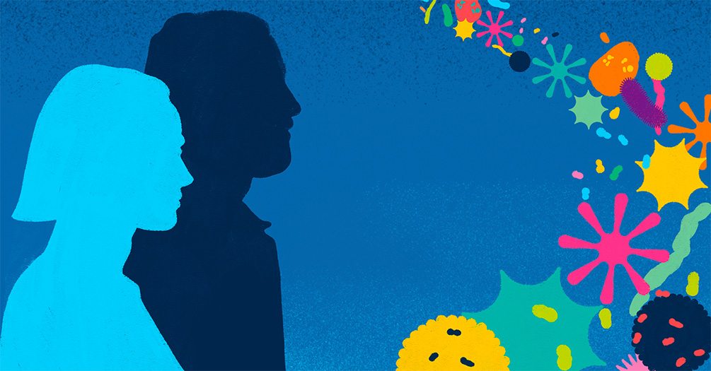 Silhouettes of two people facing right with colorful, stylized viruses and bacteria floating between them, representing infectious diseases.