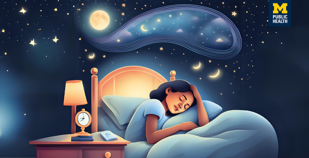 A woman sits in her bed as the night sky dances above her