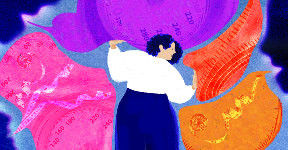 Woman pushes against illustrated bubbles featuring tape measures and scales.