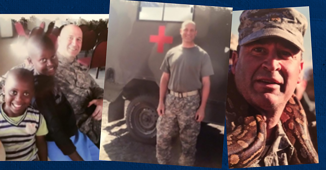 Three photos of Dr. Richard Slusher in the US Army. From left, Slusher with two African children; Sliusher in front of a Red Cross vehicle; and Slusher with a snake hanging over his shoulder.